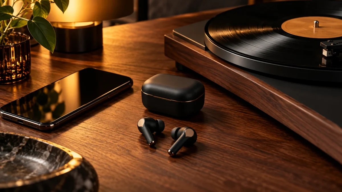 Illustration : Écouteurs sans fil et smartphone près d’un disque vinyle.