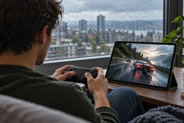 Illustration : Jeu à distance sur une tablette avec une manette.