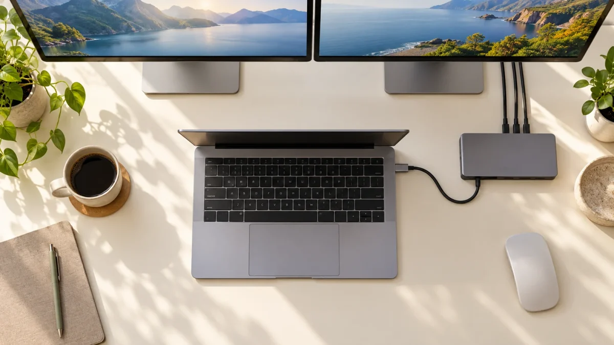 Illustration : Ordinateur portable et station de connexion USB-C.