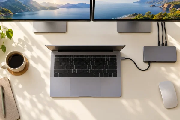 Illustration : Ordinateur portable et station de connexion USB-C.