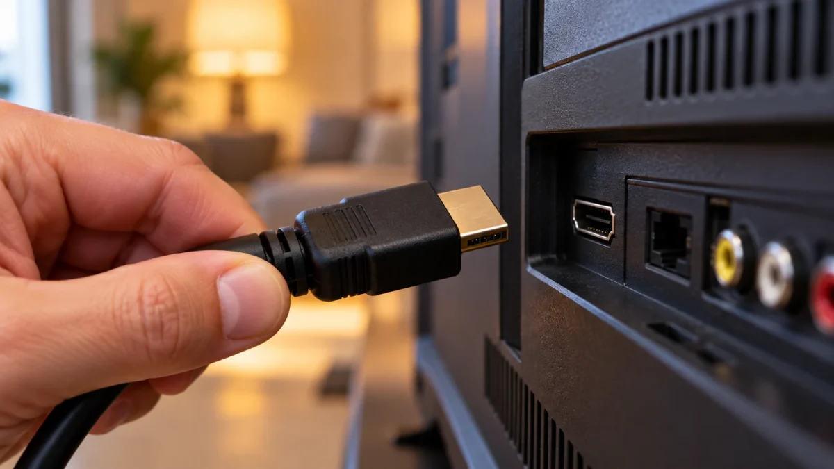 Illustration : Connecteur HDMI près d’un téléviseur.