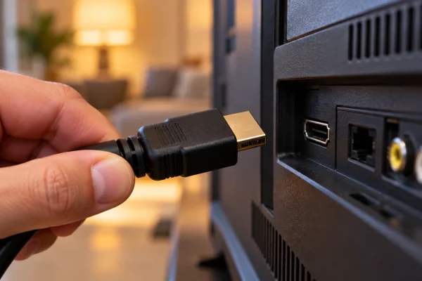 Illustration : Connecteur HDMI près d’un téléviseur.