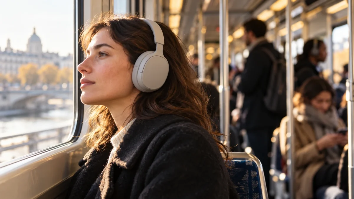 Illustration : Voyageuse portant un casque dans un train.