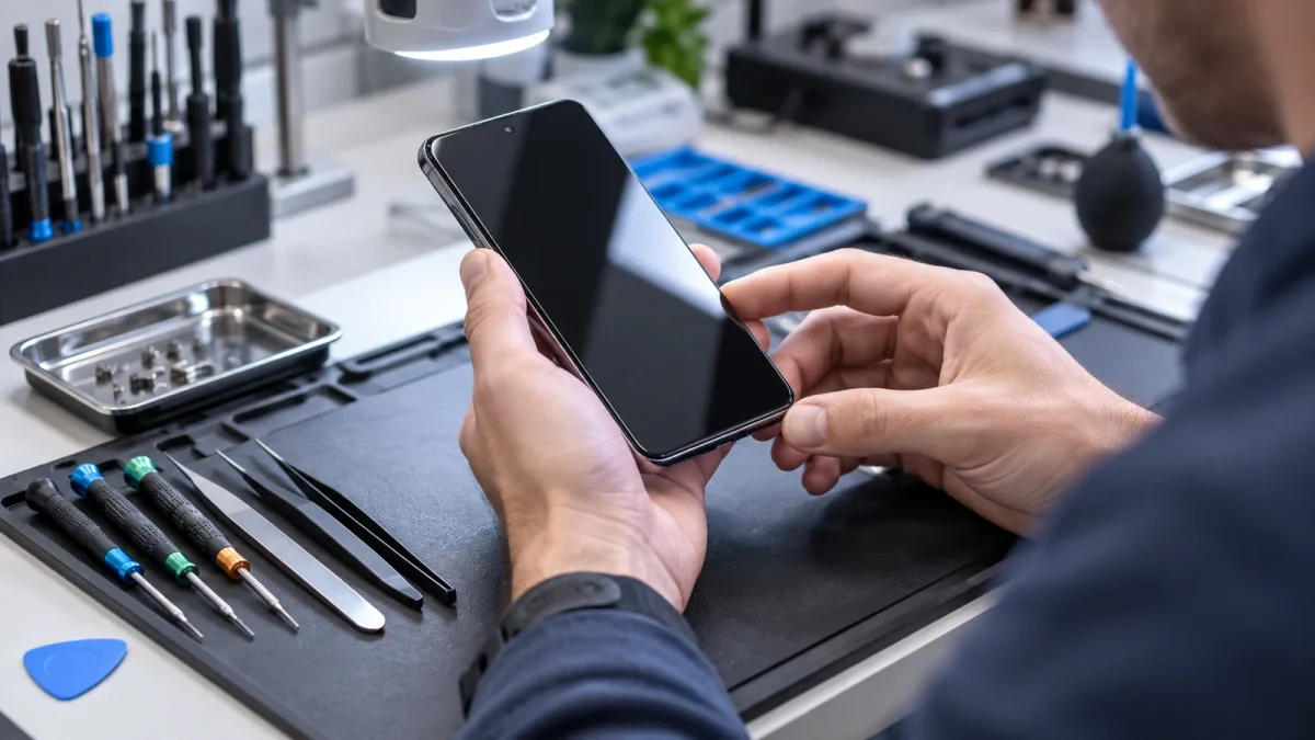 Illustration : Inspection d’un smartphone sur un établi de réparation.
