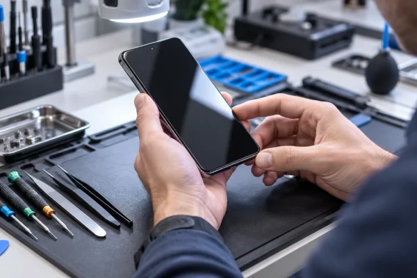 Illustration : Inspection d’un smartphone sur un établi de réparation.
