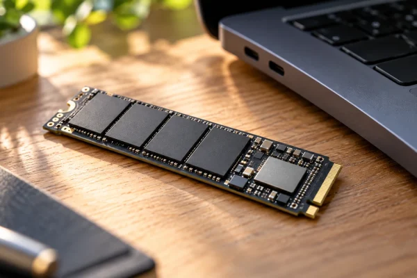 Illustration : Composants d’un SSD près d’un ordinateur.
