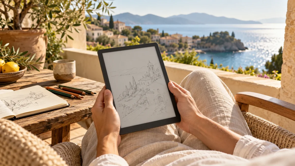 Illustration : Tablette à encre électronique utilisée sur une terrasse.