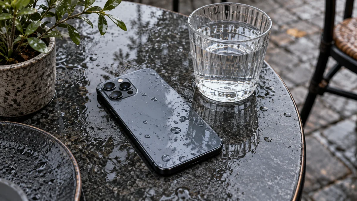 Illustration : Smartphone posé sur une table extérieure après la pluie.