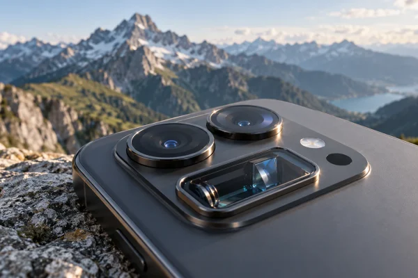 Illustration : Gros plan d’une optique périscopique de smartphone.
